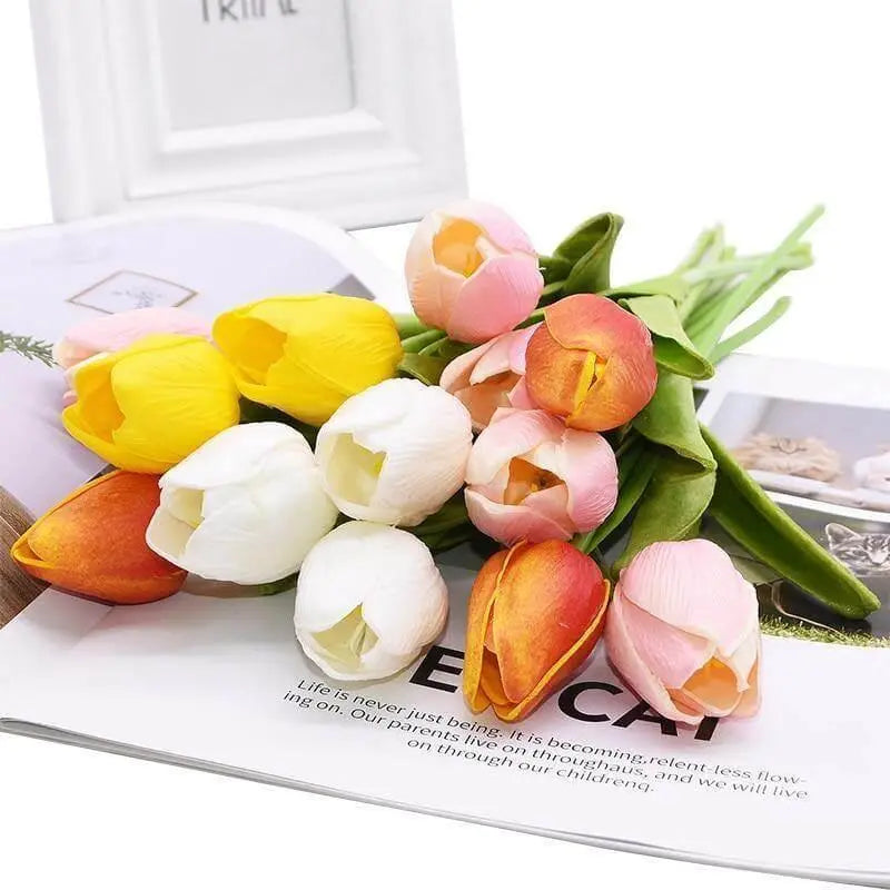  10-Piece Vibrant Faux Tulips White-Ivory-Yellow-PapayaWhip-Pink-LightPink-HotPink-Fuchsia-Salmon-Orange - Stem & Sill