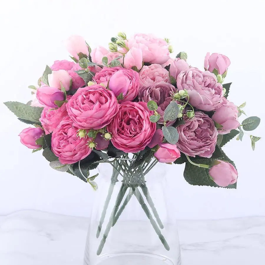  9-Piece Silk Peony Artificial Flowers White-Snow-MistyRose-Pink-Thistle-Plum-HotPink-DeepPink-Coral-Red - Stem & Sill