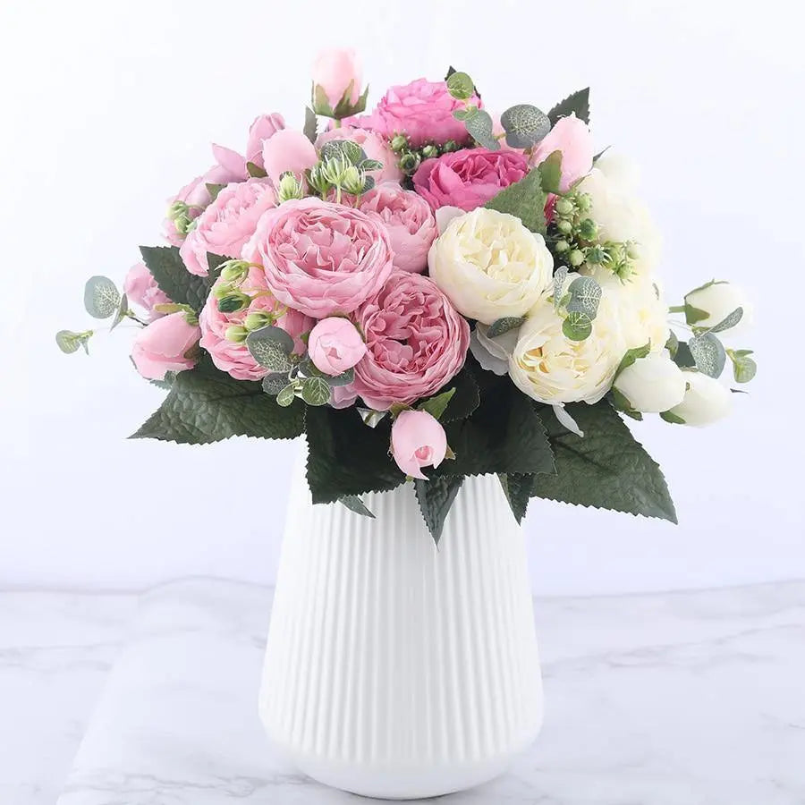  9-Piece Silk Peony Artificial Flowers White-Snow-MistyRose-Pink-Thistle-Plum-HotPink-DeepPink-Coral-Red - Stem & Sill