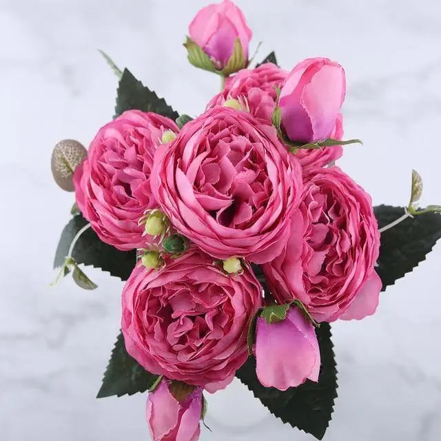 9-Piece Silk Peony Artificial Flowers - Stem & Sill