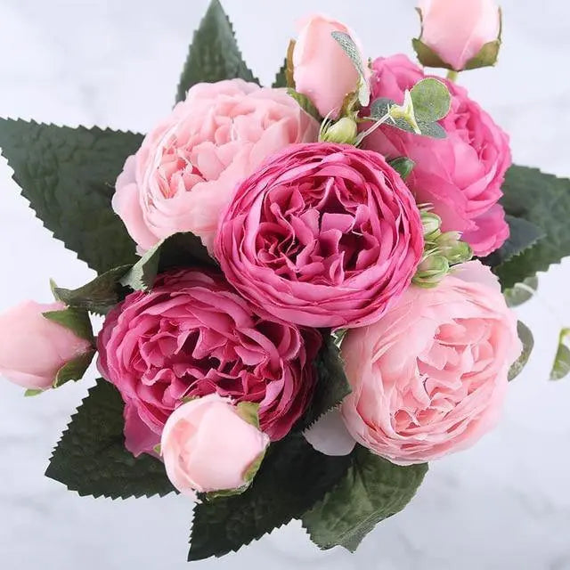 9-Piece Silk Peony Artificial Flowers - Stem & Sill