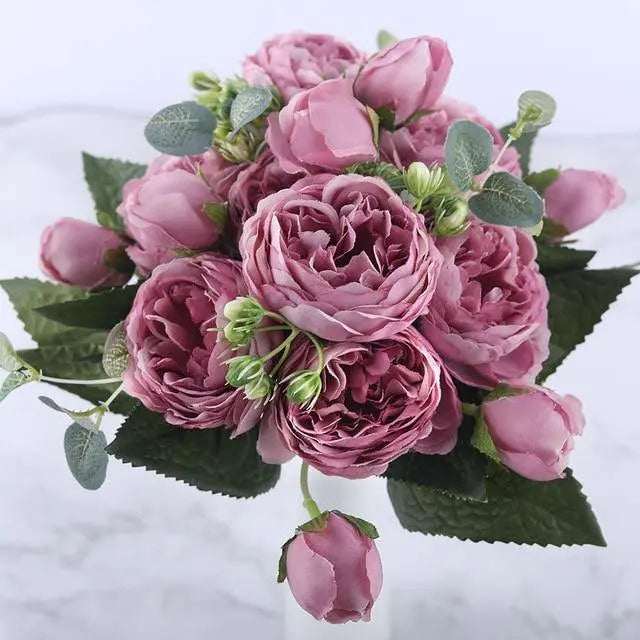 9-Piece Silk Peony Artificial Flowers - Stem & Sill