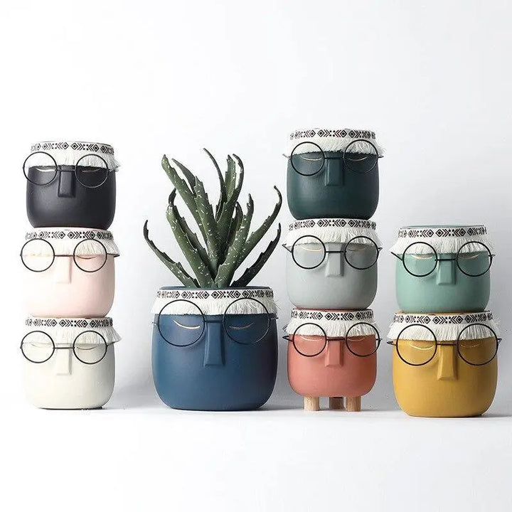  Abstract Ceramic Sleeping Face Planter with Headband and Glasses SteelBlue-CadetBlue-DarkSlateGray-Black-LightGrey-Ivory-White Speckled-White Speckled/Blue-Pink-Goldenrod - Stem & Sill