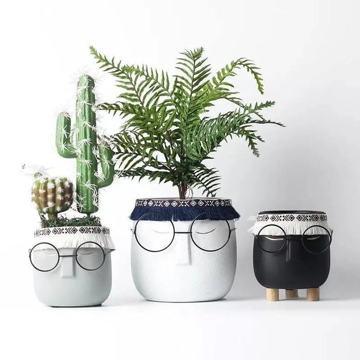  Abstract Ceramic Sleeping Face Planter with Headband and Glasses SteelBlue-CadetBlue-DarkSlateGray-Black-LightGrey-Ivory-White Speckled-White Speckled/Blue-Pink-Goldenrod - Stem & Sill