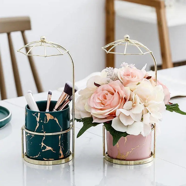 Ceramic Marbled Planter with Gold Canopy Stand - Stem & Sill