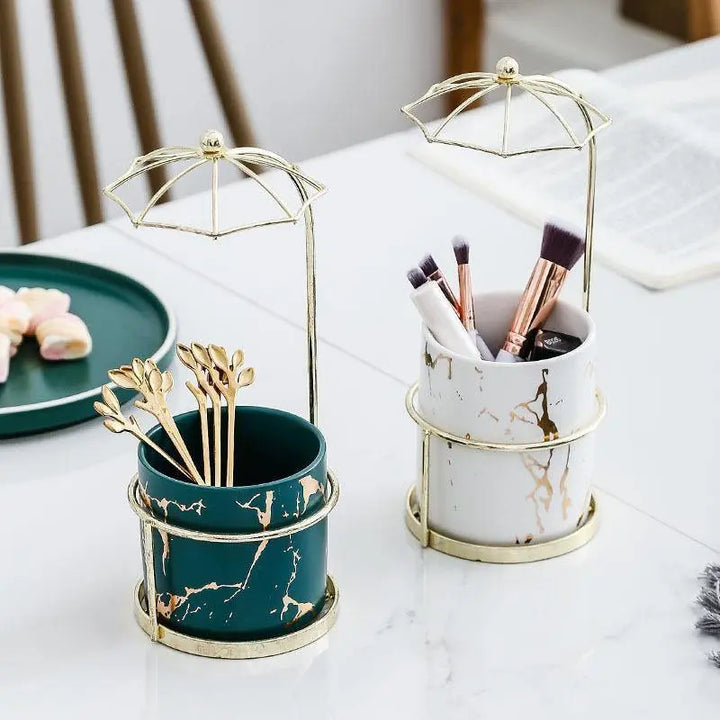 Ceramic Marbled Planter with Gold Canopy Stand - Stem & Sill