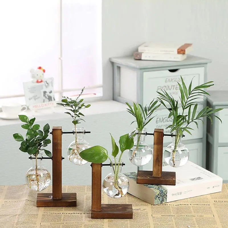 Glass Propagation Vase with Vertical Wooden Stand - Stem & Sill