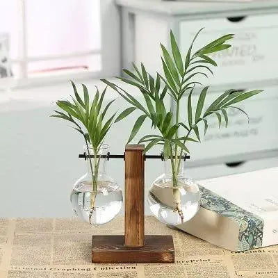 Glass Propagation Vase with Vertical Wooden Stand - Stem & Sill