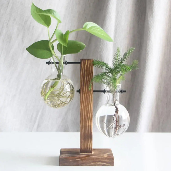 Glass Propagation Vase with Vertical Wooden Stand - Stem & Sill