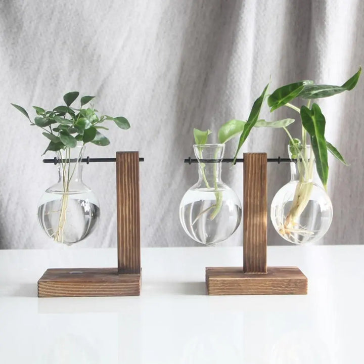 Glass Propagation Vase with Vertical Wooden Stand - Stem & Sill