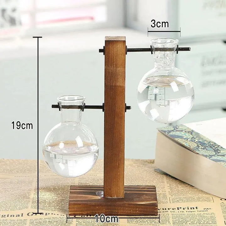 Glass Propagation Vase with Vertical Wooden Stand - Stem & Sill