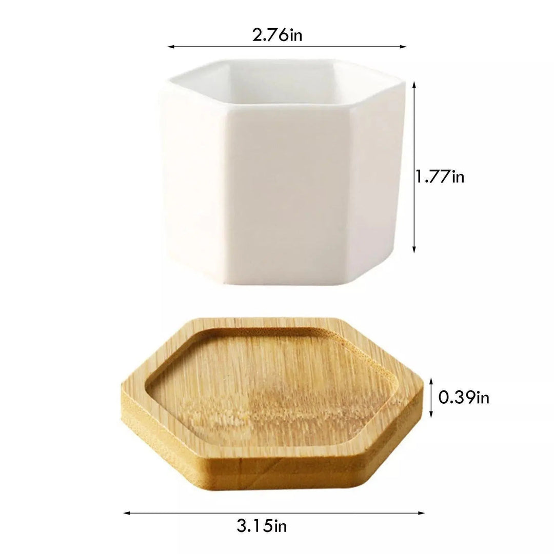 Hexagon Ceramic Planter with Bamboo Tray - Stem & Sill