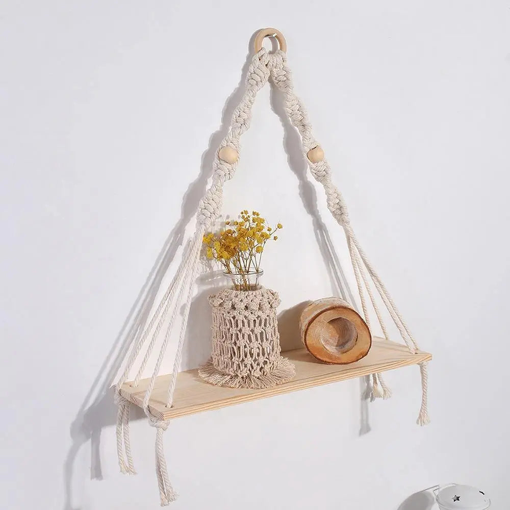 Handmade Macrame Hanging Wooden Shelf Boho - Stem & Sill