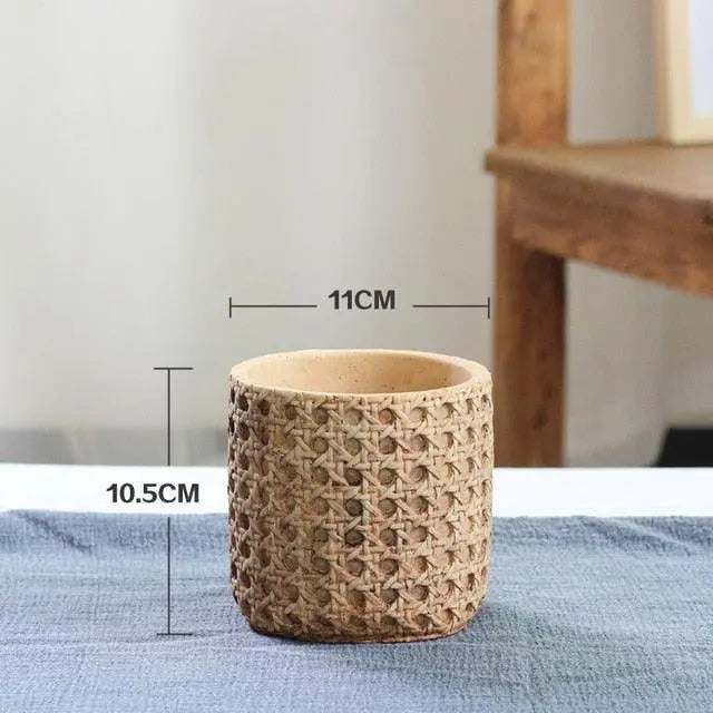 Natural Rattan Texture Cement Plant Pot - Stem & Sill