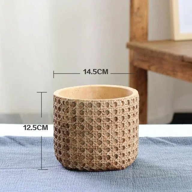 Natural Rattan Texture Cement Plant Pot - Stem & Sill