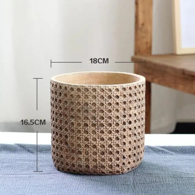 Natural Rattan Texture Cement Plant Pot - Stem & Sill