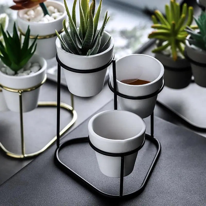 Tiered Ceramic Planters with Iron Stand - Stem & Sill