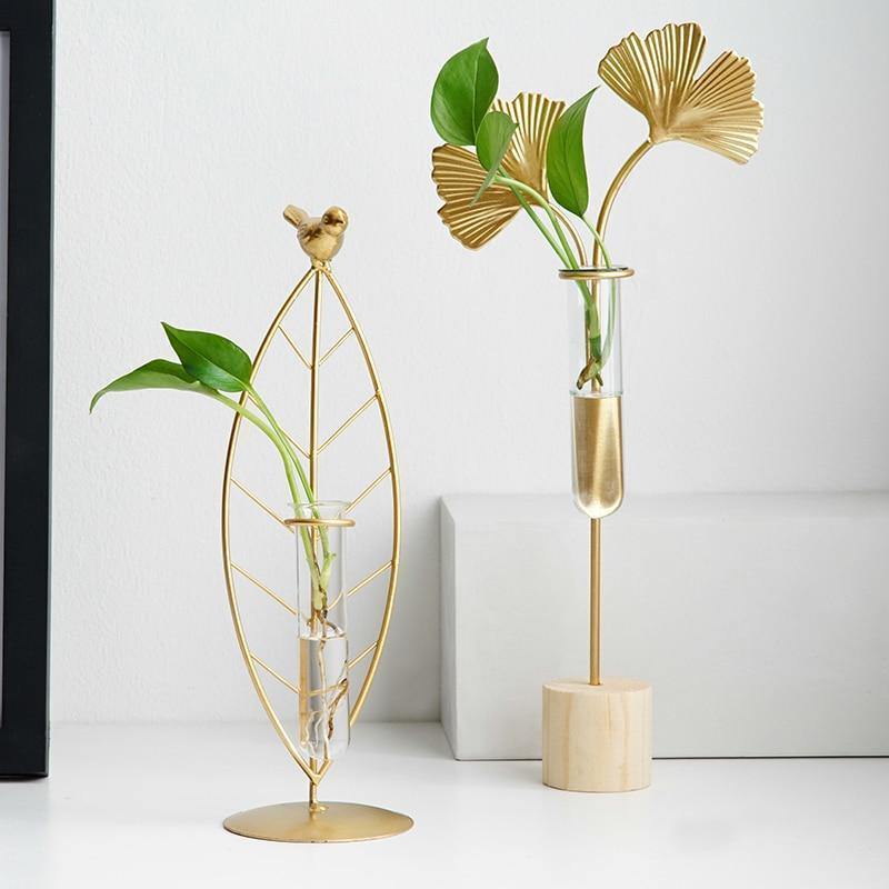  Gold Flora Metal and Glass Test Tube Propagation Vase Leaf 24cm-Leaf 34cm-Branch 30.5cm - Stem & Sill