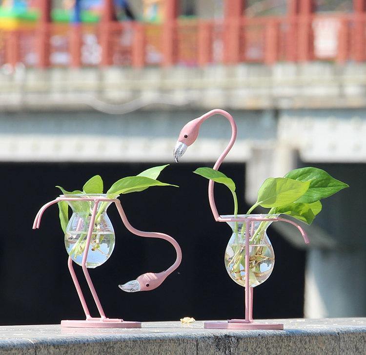  Tropical Flamingo Propagation Vase Standing-Leg Out-Looking Down - Stem & Sill